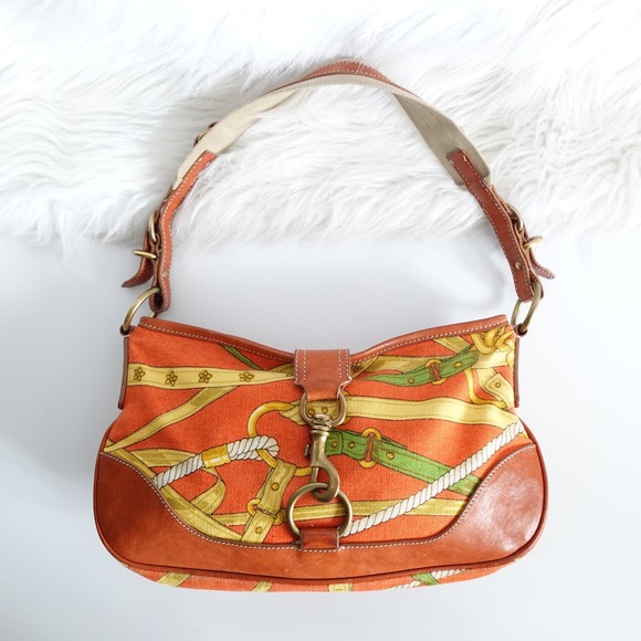 Vintage Miu Miu Orange Buckled Patterned Canvas Leather Shoulder Bag Y2K 90s - Picture 1 of 16